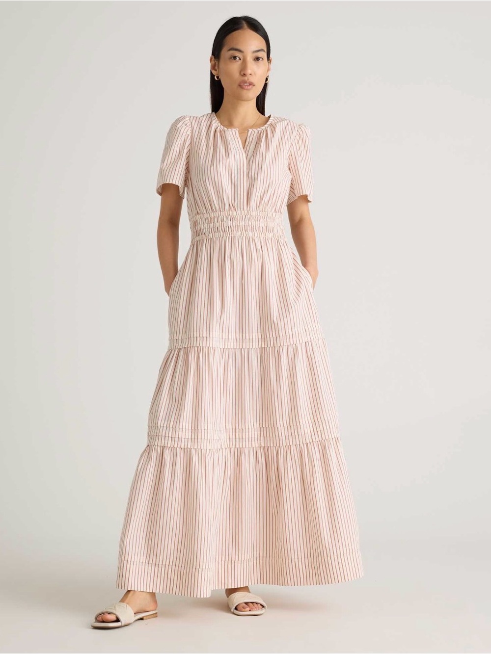 Quince 100% Organic Cotton Poplin Tiered Maxi Dress Terracotta Stripe M